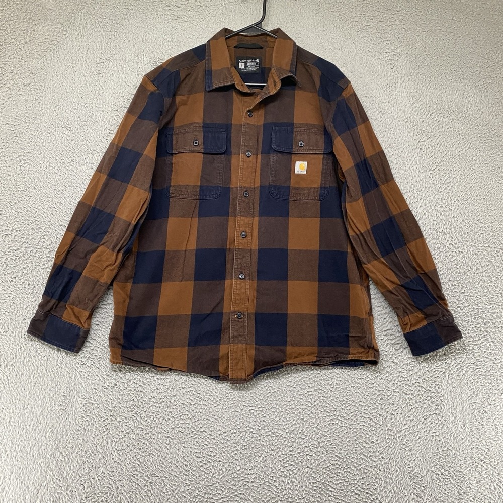 Carhartt Flannel Shirt Mens Large Brown Plaid Button Up Relaxed Fit Workwear